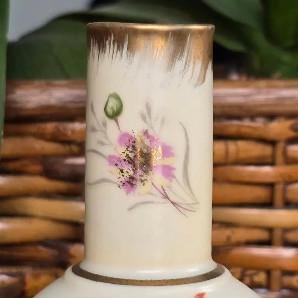 Vintage Bud Vase Hand Painted Orange Green Floral Gold Accents Cottagecore